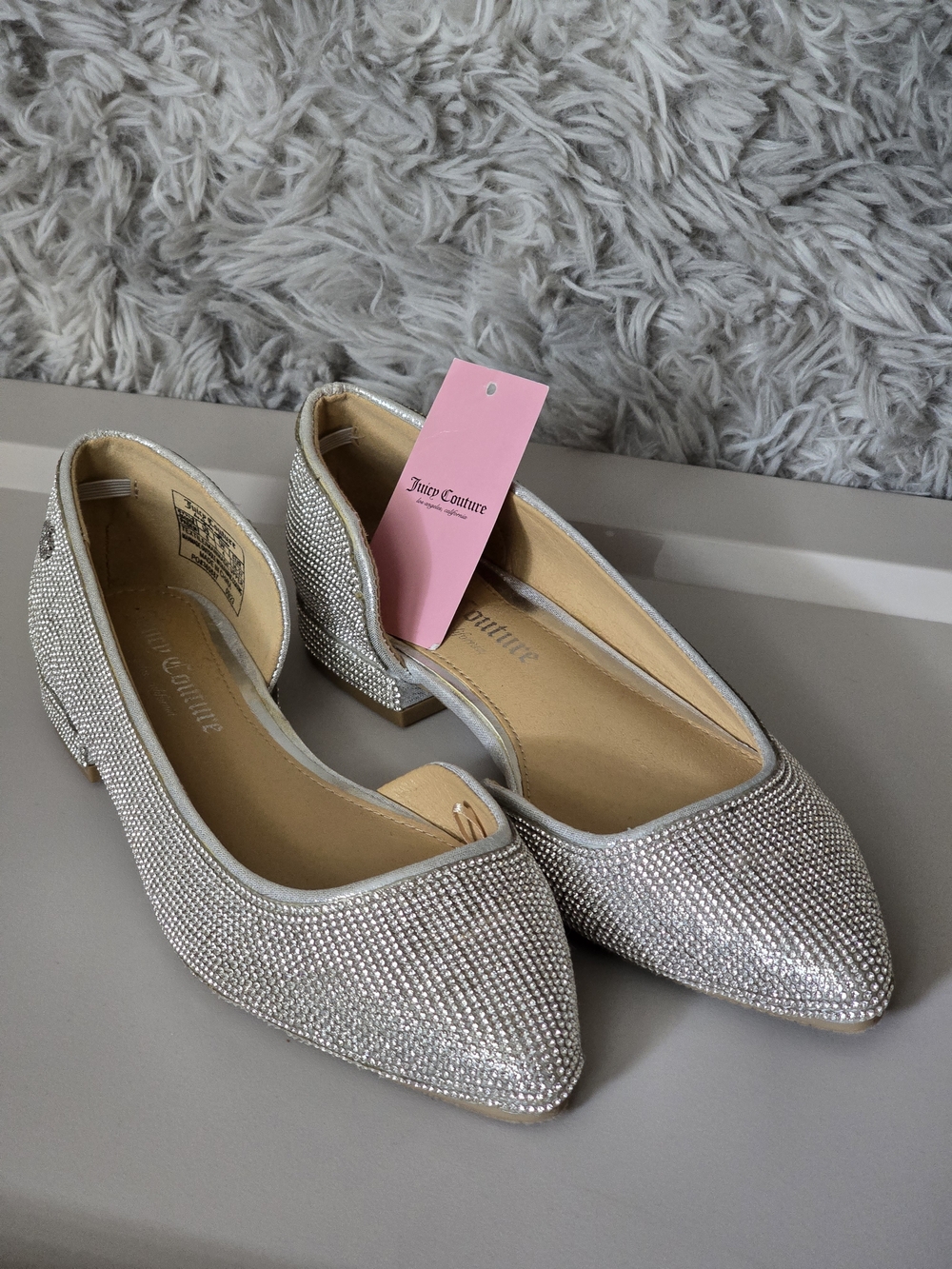 Juicy Couture Silver Rhinestone Pointed Toe Flats - Size 6